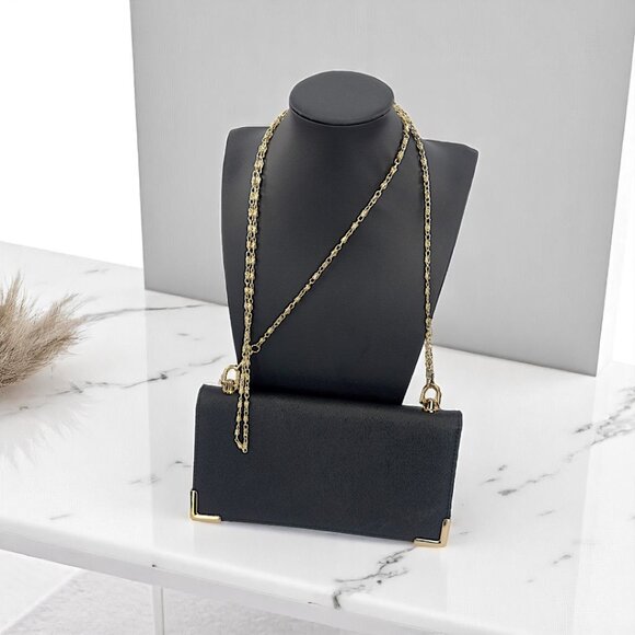 Elegant Black Faux Leather Chain Clutch / Shoulder Bag with Gold Accents - Picture 1 of 7